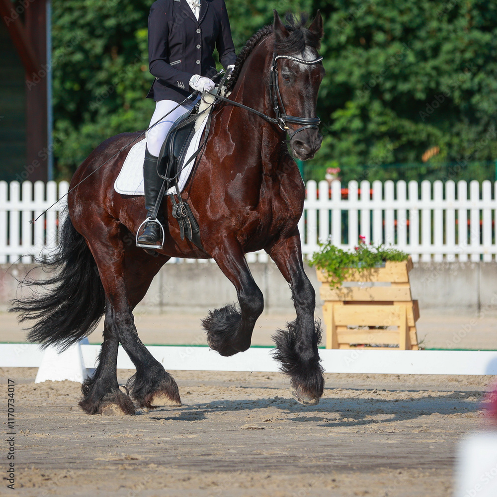 Obraz premium Friese dressage horse during gallop change in the dressage test..