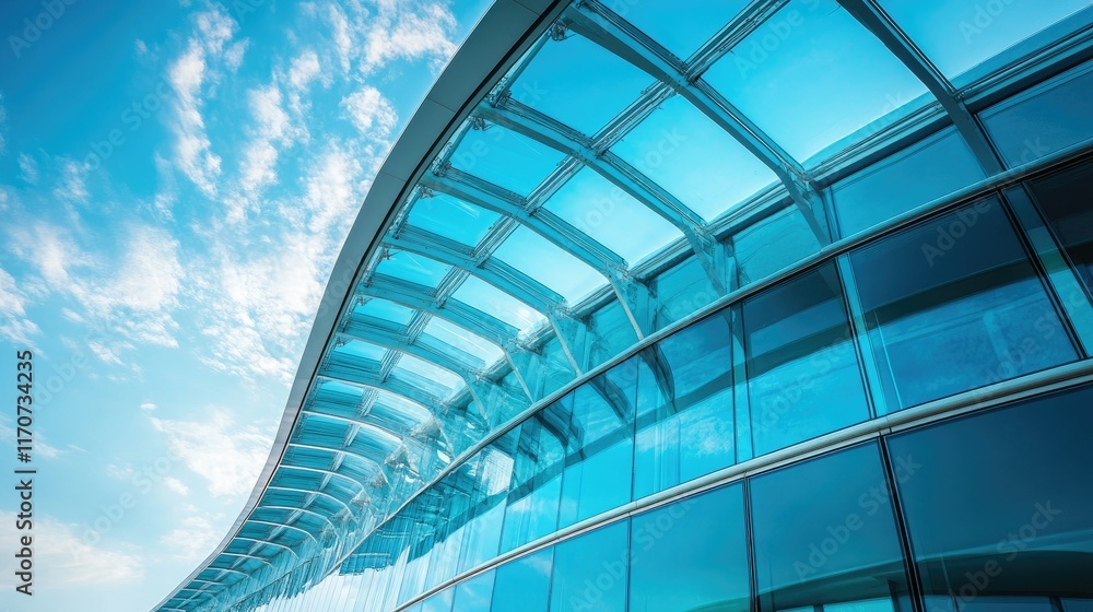 Obraz premium Modern glass building exterior with curved design and blue sky reflection. Modern Architecture Glass Building Exterior Blue Sky Reflection Curved Design Contemporary Office Skyscraper 