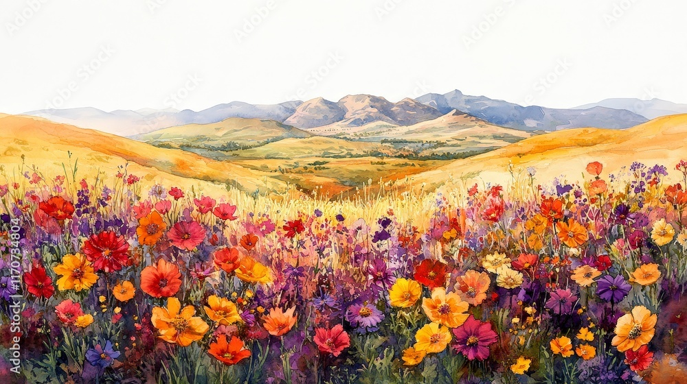 Obraz premium Vibrant Flower Field Landscape with Mountains and Wide Sky View