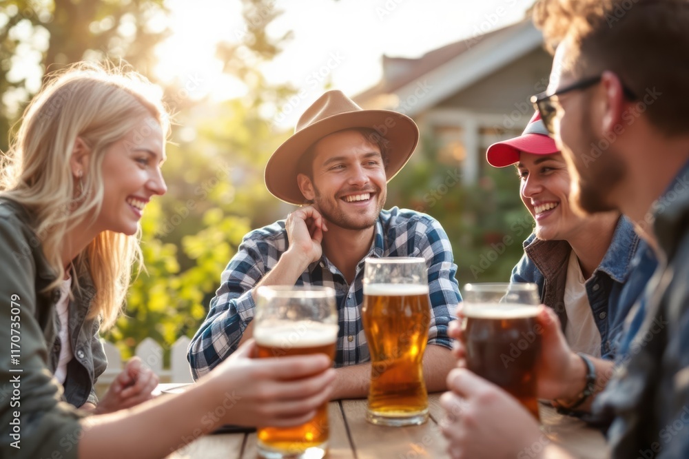 Friends enjoying beer together outdoors Friends enjoying beer together outdoors