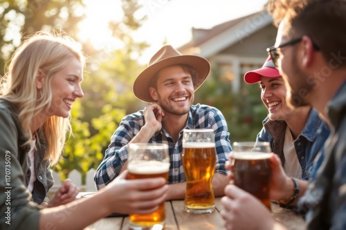 Friends enjoying beer together outdoors photo