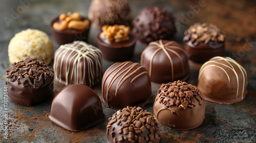 An arrangement of various gourmet chocolates and pralines showcasing different textures and tastes