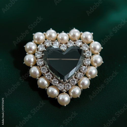 Wallpaper Mural Pearl and diamond heart brooch on emerald green fabric. Torontodigital.ca