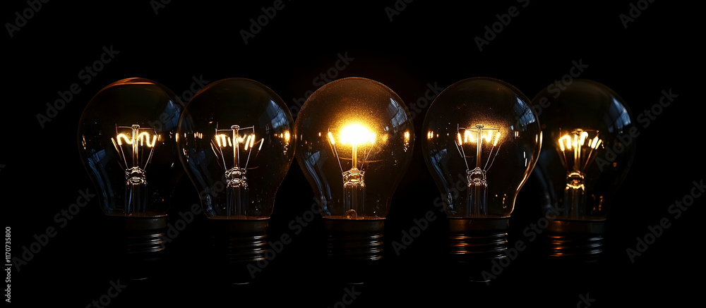 custom made wallpaper toronto digitalA row of light bulbs, one glowing brightly in the middle against a black background, symbolizing ideas and innovation.