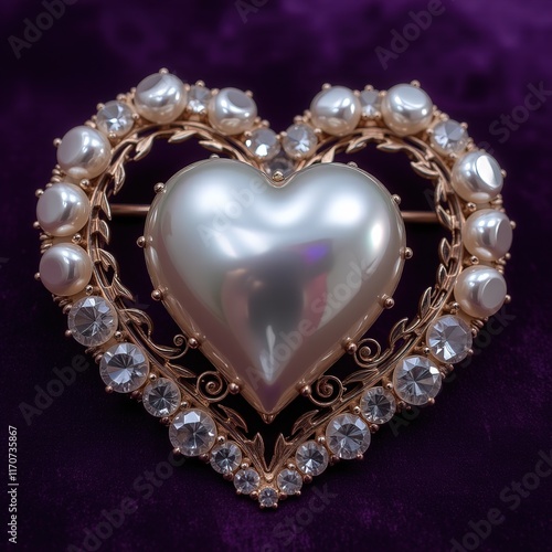 Heart-shaped brooch with diamonds encrusted with pearls on a purple dark background. photo