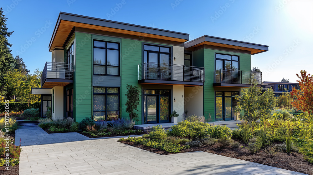 A sunny day exterior view of a two-story modern house with an emerald-green facade, detailed landscaping, and a paved light-gray walkway. A sunny day exterior view of a two-story modern house with an emerald-green facade, detailed landscaping, and a paved light-gray walkway.