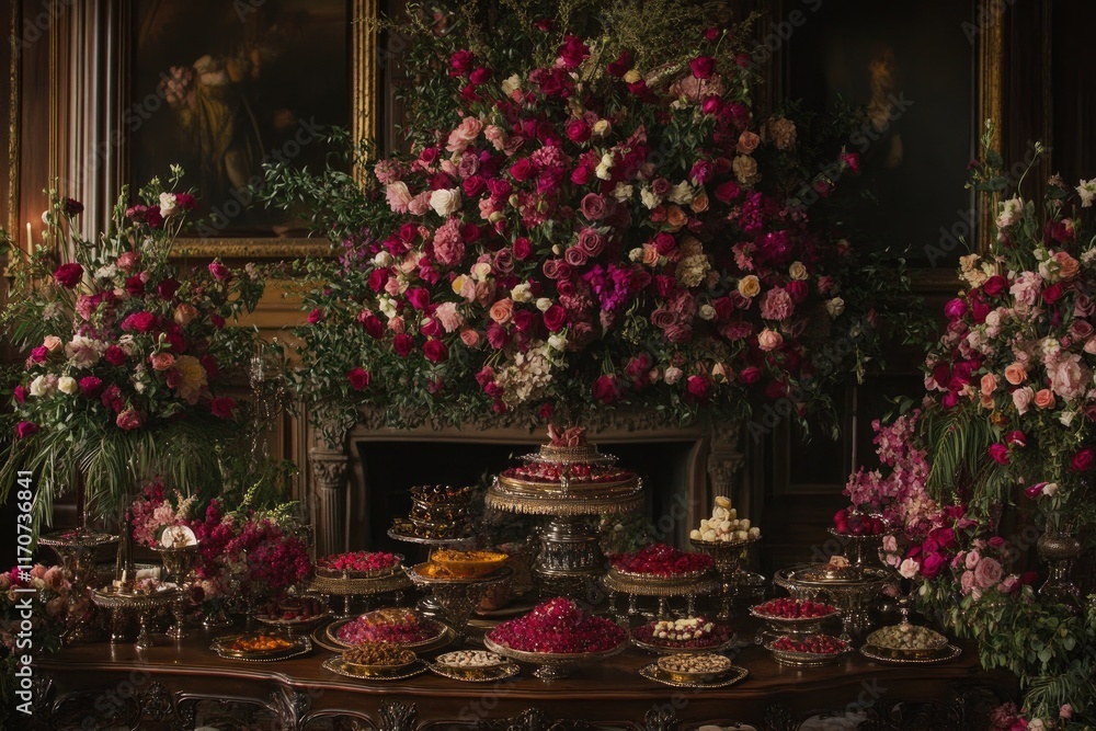 Fototapeta premium A lavish dessert display adorned with vibrant floral arrangements.