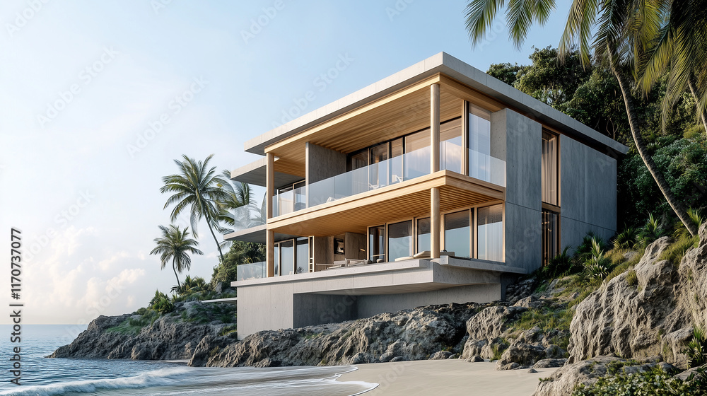 A two-story modern beach house perched on a sloping hillside. A two-story modern beach house perched on a sloping hillside.