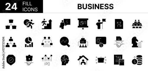 Collection of 24 busines fill icons featuring editable strokes. These outline icons depict various modes of business, accounting, agreements, inspecting, award, budget, businessman, calculating, caree