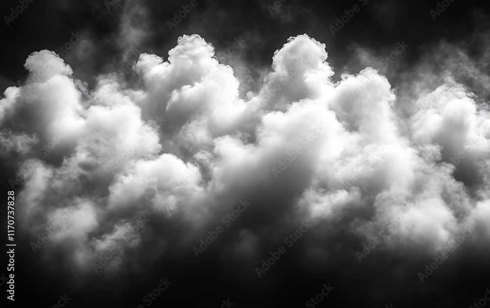 Obraz premium Dramatic monochrome cloudscape, dense, fluffy, white clouds against dark sky.