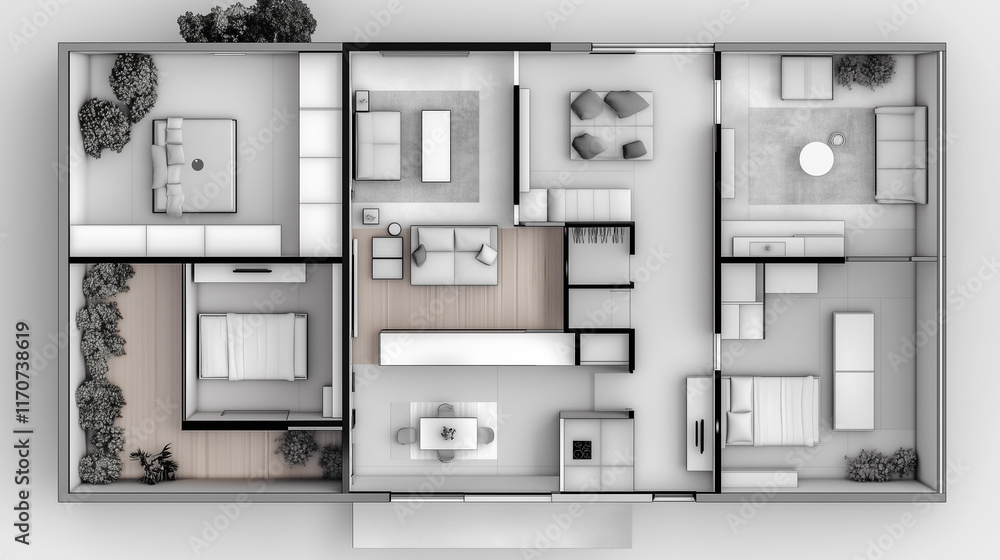 Grayscale, top-down architectural plan of a contemporary apartment with clean lines and a neutral palette. Grayscale, top-down architectural plan of a contemporary apartment with clean lines and a neutral palette.
