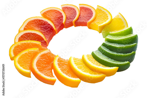 Vibrant slices of citrus fruits arranged in a half-circle, isolated on white background”
Keywords, transparent, png. photo