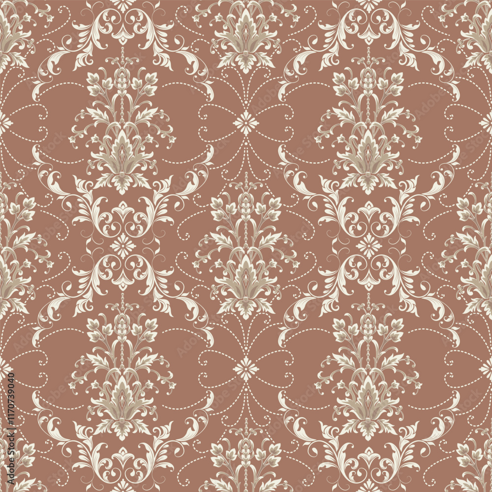 Damask Mocha Mousse seamless pattern element. Vector classical luxury old fashioned damask ornament, royal victorian seamless texture for wallpapers, textile. Vintage floral baroque template. Damask Mocha Mousse seamless pattern element. Vector classical luxury old fashioned damask ornament, royal victorian seamless texture for wallpapers, textile. Vintage floral baroque template.