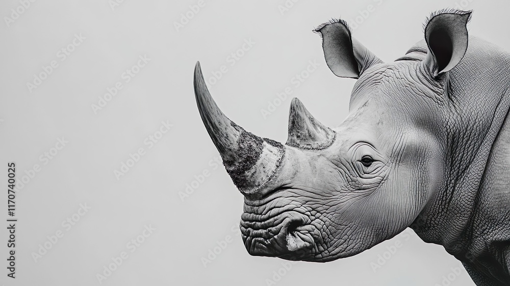 Fototapeta premium A white rhino. Rhinoceros with big horns isolated on grey background
