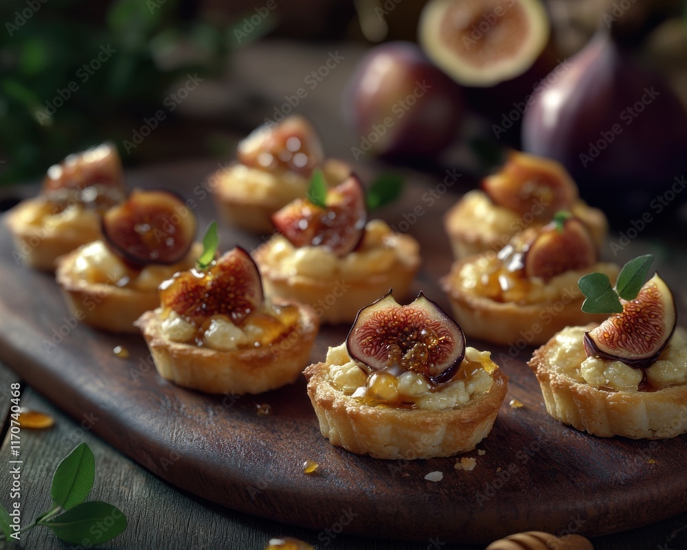 Delicious miniature tarts topped with fresh figs and honey, perfect for a gourmet dessert experience. Delicious miniature tarts topped with fresh figs and honey, perfect for a gourmet dessert experience.