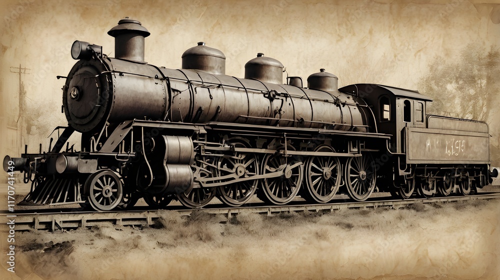 Obraz premium A detailed pencil sketch of a grand steam locomotive from the 1800s, resting at an old station, drawn on aged, slightly crumpled parchment,Generative Ai 