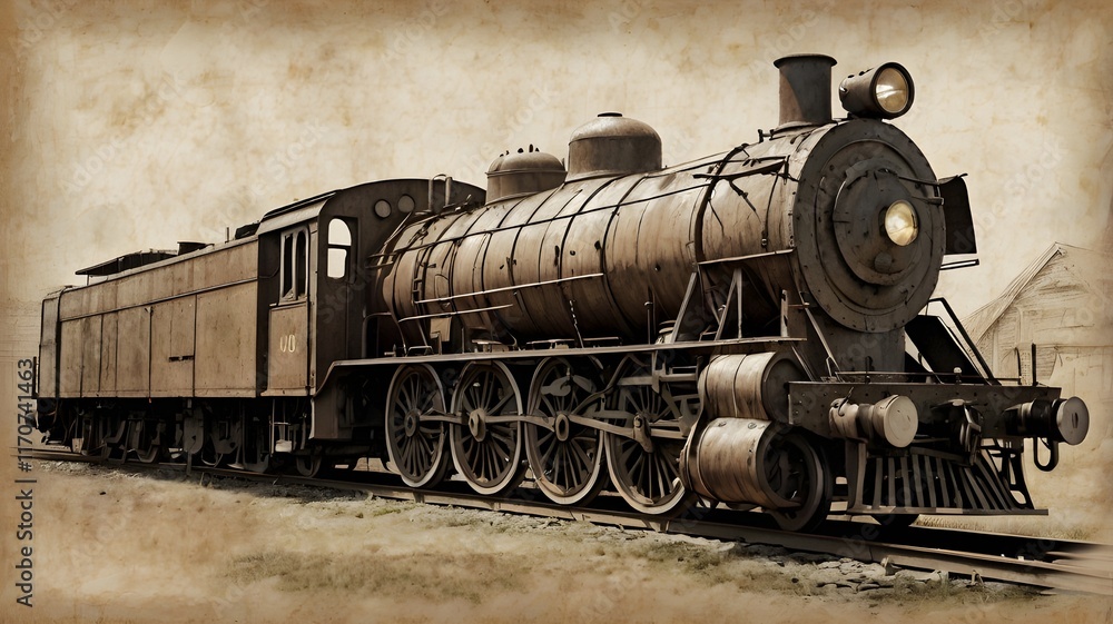 Naklejka premium A detailed pencil sketch of a grand steam locomotive from the 1800s, resting at an old station, drawn on aged, slightly crumpled parchment,Generative Ai 