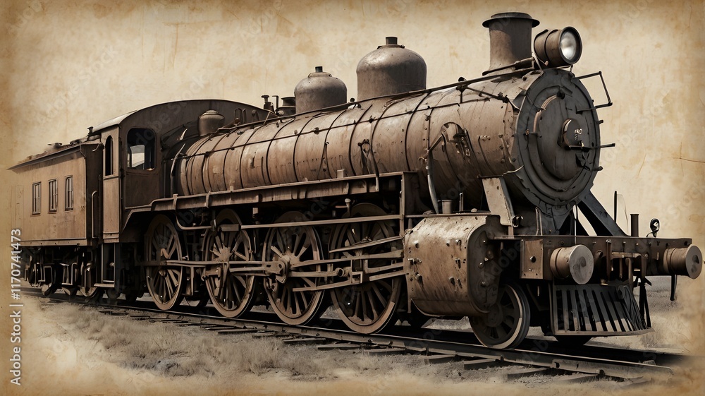 A detailed pencil sketch of a grand steam locomotive from the 1800s, resting at an old station, drawn on aged, slightly crumpled parchment,Generative Ai
A detailed pencil sketch of a grand steam locomotive from the 1800s, resting at an old station, drawn on aged, slightly crumpled parchment,Generative Ai