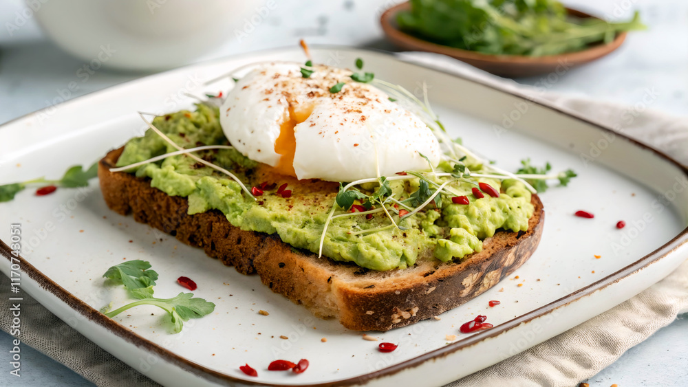 square plate with a slice of toast topped with smashed avocado and a poached egg. The toast is garnished with red pepper flakes. square plate with a slice of toast topped with smashed avocado and a poached egg. The toast is garnished with red pepper flakes.