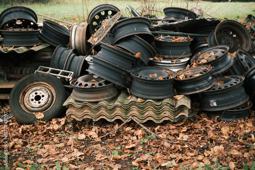 A sad mountain of old rusty wheel rims