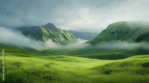 Beautiful vivid green landscape with mountains grass field and clouds. 