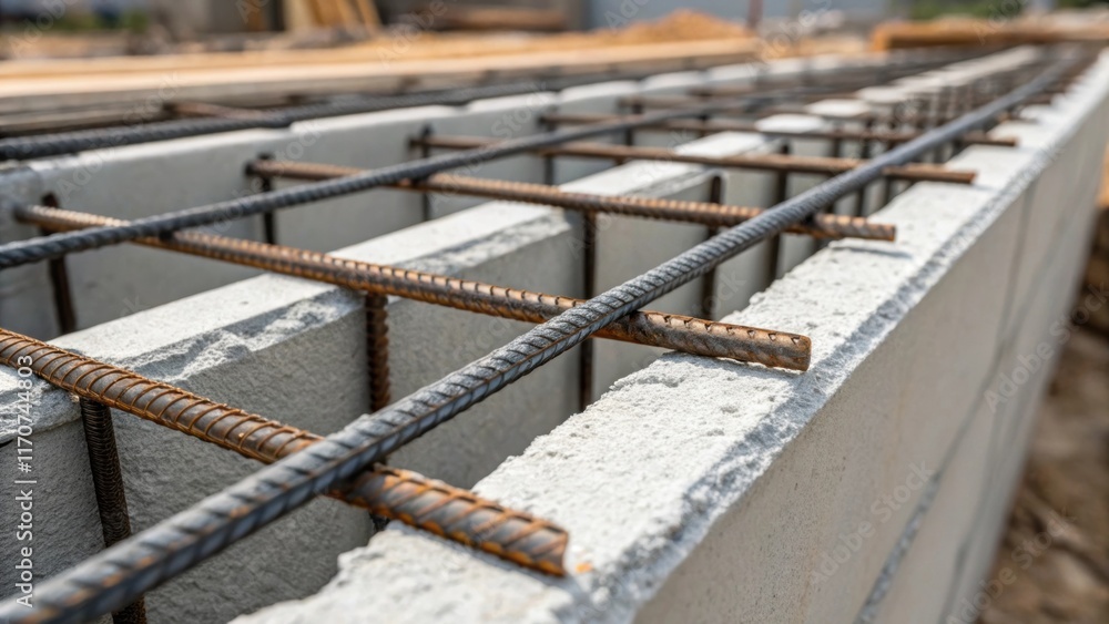 A close look at the reinforcement steel bars embedded within the concrete shell of the form showcasing their arrangement and the way they provide structural integrity. The muscular A close look at the reinforcement steel bars embedded within the concrete shell of the form showcasing their arrangement and the way they provide structural integrity. The muscular