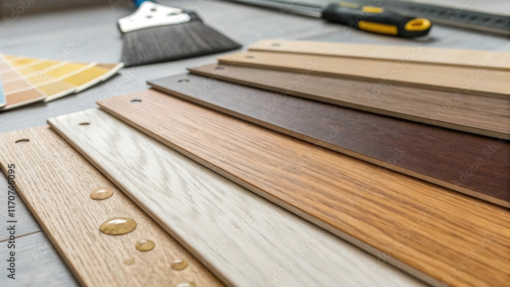 A closeup capturing the subtle nuances of color in the vinyl planks from light beige to deep oak tones arranged neatly on a work surface. The adhesive spreader rests above them A closeup capturing the subtle nuances of color in the vinyl planks from light beige to deep oak tones arranged neatly on a work surface. The adhesive spreader rests above them