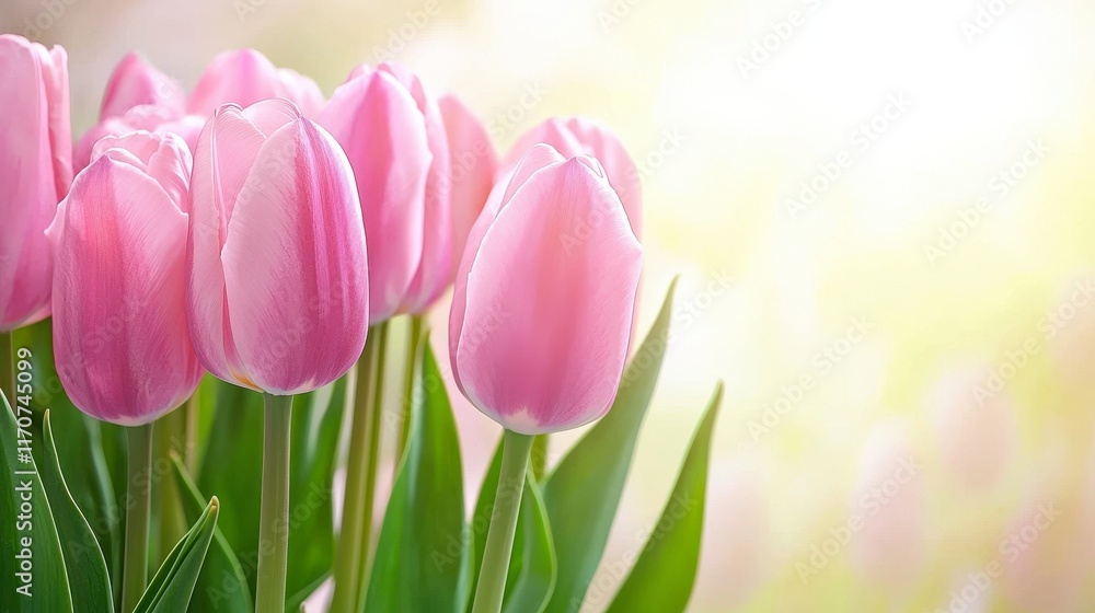Naklejka premium Delicate Pink Tulips Blooming in a Soft Light with Gentle Blurred Background