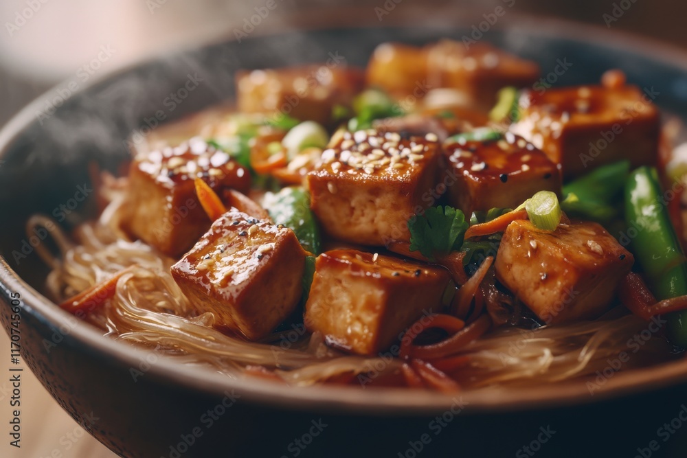 Delicious vegetarian stir-fried noodles topped with golden tofu and fresh vegetables. Delicious vegetarian stir-fried noodles topped with golden tofu and fresh vegetables.