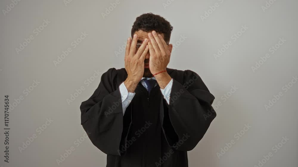 Judge in gown, young hispanic man standing and peeking with shocked expression, covering eye through fingers, embarrassed hand over face on isolated white background Judge in gown, young hispanic man standing and peeking with shocked expression, covering eye through fingers, embarrassed hand over face on isolated white background