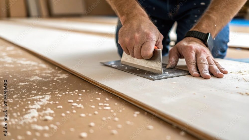 A closeup of an artisans hands meticulously spreading subfloor adhesive across a sheet of plywood with a trowel the focus on the movement and precision. Tiny flecks of adhesive A closeup of an artisans hands meticulously spreading subfloor adhesive across a sheet of plywood with a trowel the focus on the movement and precision. Tiny flecks of adhesive