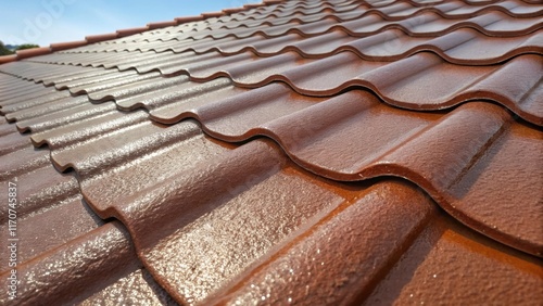 A closeup of a single prepainted roof tile showcasing intricate detailing of its surface texture. The paint glistens in the sun accentuating the waves and ridges molded into the photo