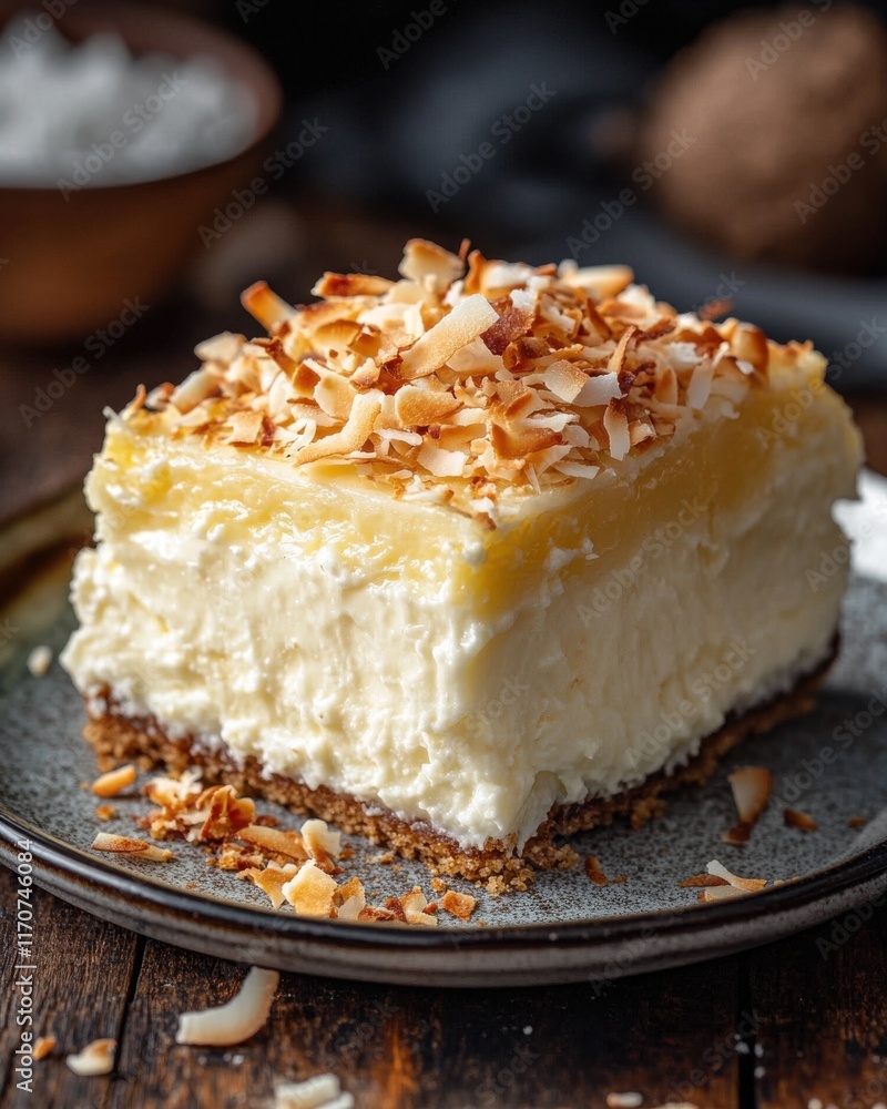 Delicious layered coconut cream dessert with toasted coconut flakes, served on a rustic plate. Delicious layered coconut cream dessert with toasted coconut flakes, served on a rustic plate.