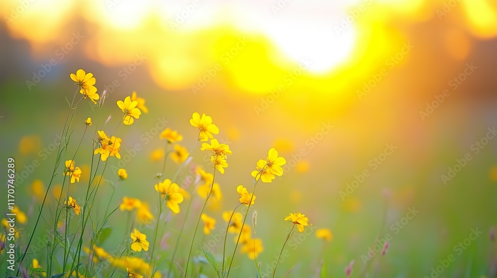 Fototapeta premium Abstract soft focus sunset field landscape of yellow flowers and grass meadow warm golden hour sunset sunrise time. Tranquil spring summer nature closeup and blurred forest background. Idyllic nature