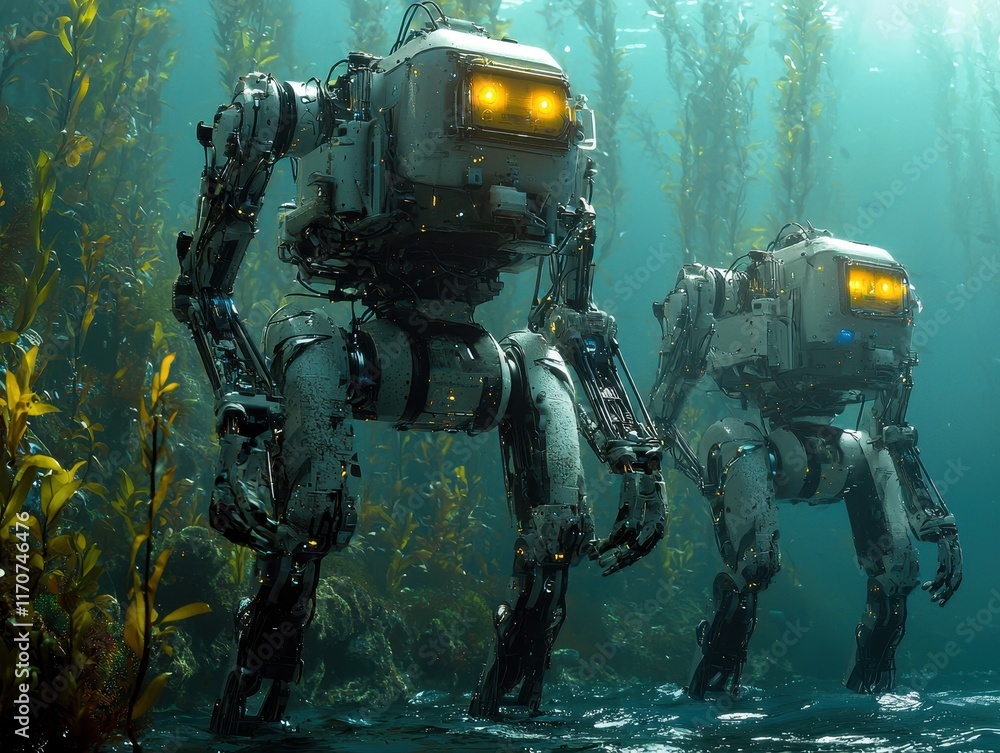 Fototapeta premium A serene underwater laboratory, glowing with soft blue lights, where robotic arms perform experiments on marine life. The surrounding ocean is filled with bioluminescent creatures and high-tech 