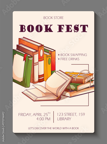Template for poster design for book fest. Vector illustration of stack of books, open book.