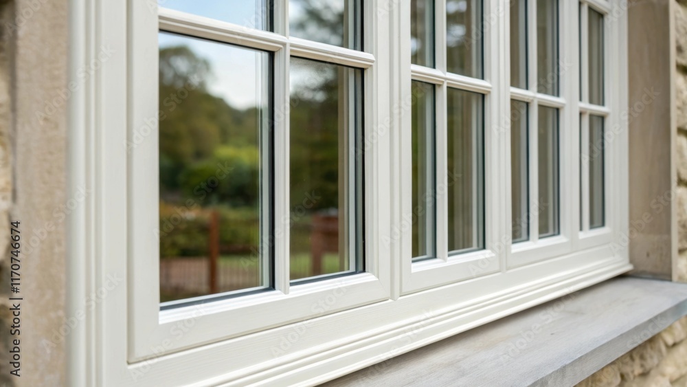 A closeup of the muntin bars within a multipane energyefficient window painted in a soft white. The traditional design contrasts with the advanced glazing technology depicting a A closeup of the muntin bars within a multipane energyefficient window painted in a soft white. The traditional design contrasts with the advanced glazing technology depicting a