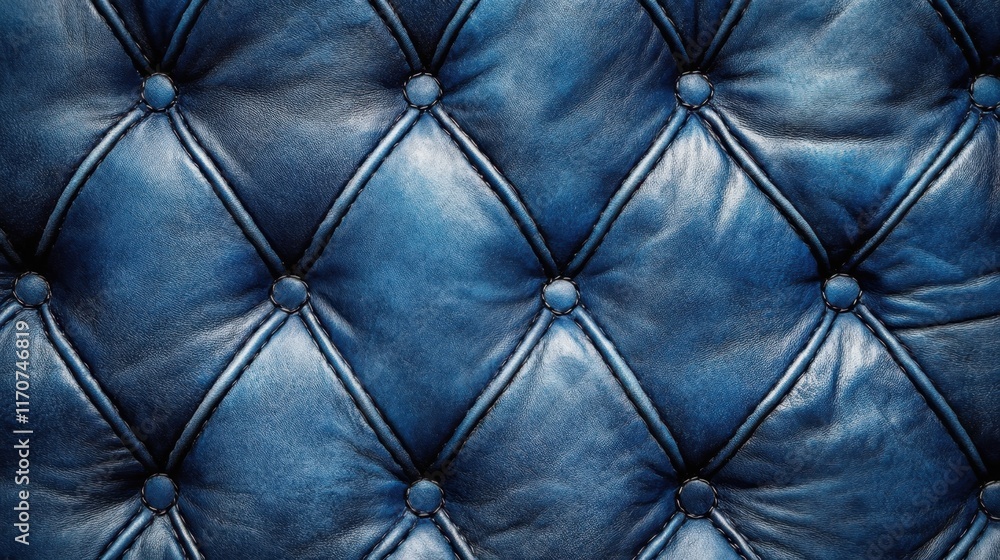 Fototapeta premium Rich blue leather texture with intricate diamond patterns and buttons creates an elegant backdrop for modern decor elements. Generative AI