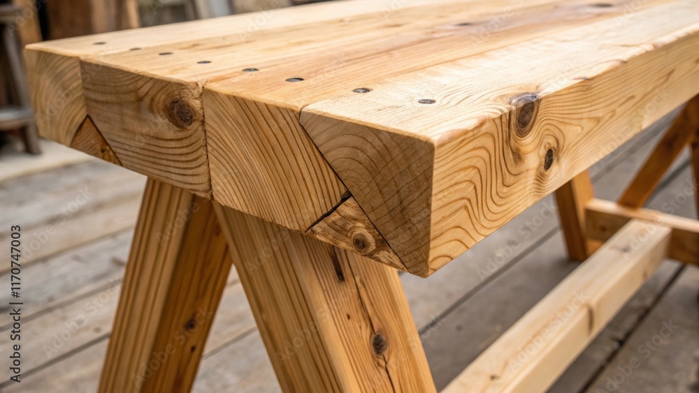 A closeup on the intersection where the sawhorse meets the wooden plank emphasizing the craftsmanship as fine details of the stain reveal intricate knots and growth rings. A soft A closeup on the intersection where the sawhorse meets the wooden plank emphasizing the craftsmanship as fine details of the stain reveal intricate knots and growth rings. A soft