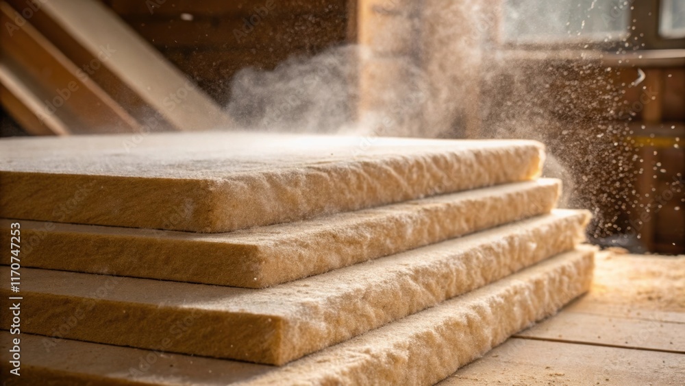 A closeup shot captures the patterns of dust particles suspended in the air around the stacked fiberglass batts. The batts themselves exhibit slight compression marks showcasing