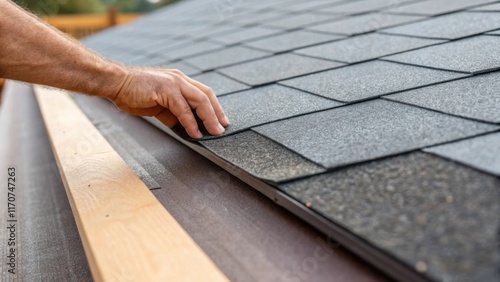 A closeup scene featuring a hand smoothing out the underlayment next to the edge of the pitched roof with the profile of shingles and flashing in clear view. The focus is on the photo