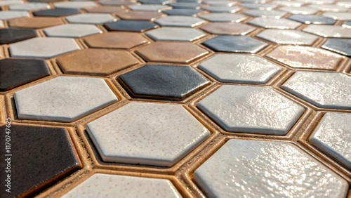 A closeup view of a detailed surface made from hexagonshaped ceramic tiles interspersed with accent pieces in contrasting hues. The interplay of light and shadow highlights the photo