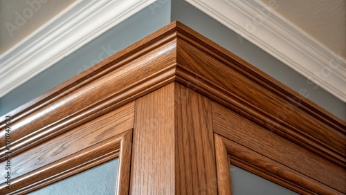 A closeup view of a corner where several trim pieces meet demonstrating the precise angles and intricate miter s. The woods warm tones contrast beautifully with the contrasting