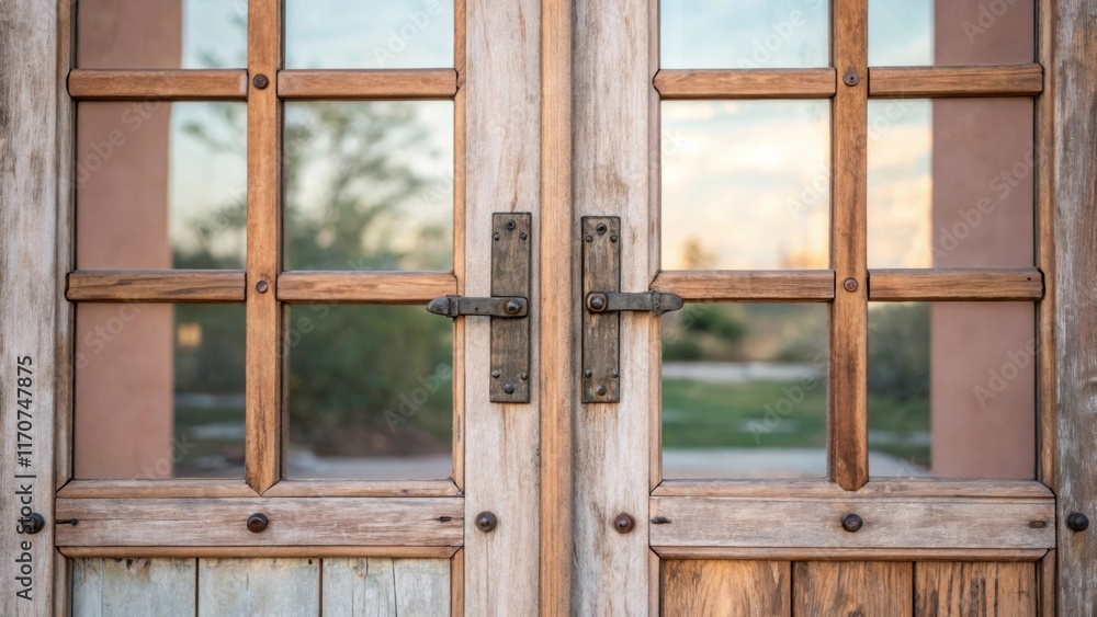 Obraz premium A close view of wooden French doors showcases a series of mismatched hinges each with its own unique patina. The doors are positioned in front of a backdrop of soft muted colors