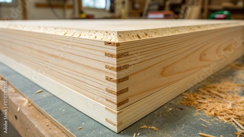 A closeup view of the edge of a crosslaminated timber sheet highlighting the precision of the s. The crisp lines contrast with the organic texture of the wood and a few wood photo