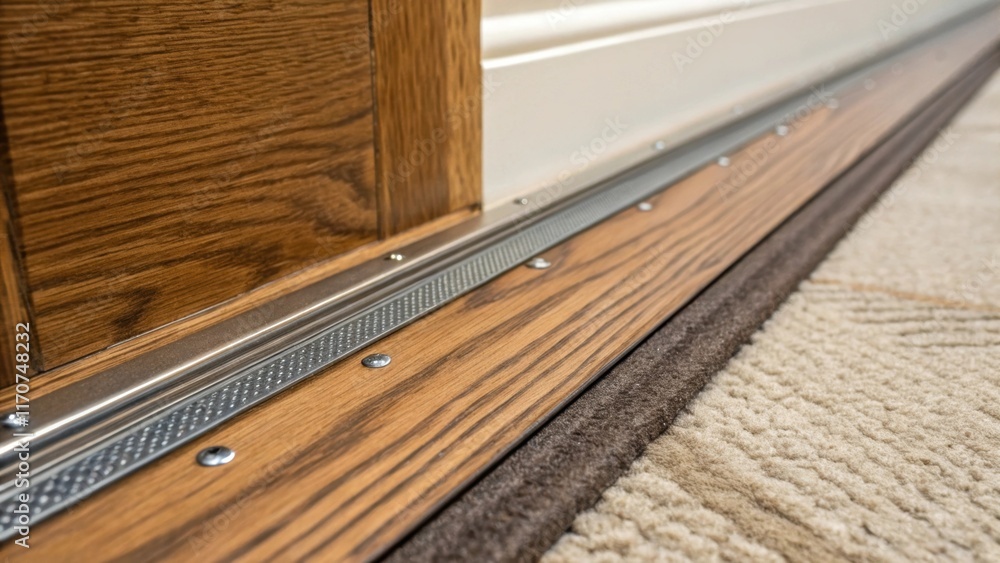 A detailed closeup depicting the connection between the carpet tack strips and the baseboard where wood grain meets metal. The contrast highlights the meticulous craftsmanship A detailed closeup depicting the connection between the carpet tack strips and the baseboard where wood grain meets metal. The contrast highlights the meticulous craftsmanship