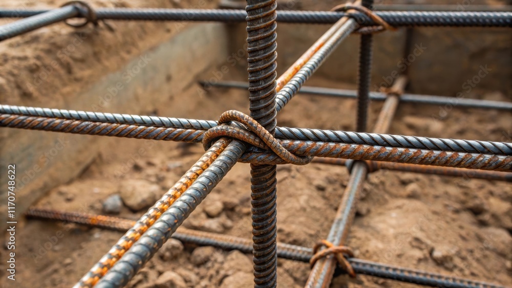 A detailed shot features the points where the steel rods intersect revealing the tightly tied wire that binds them together. The closeup highlights the craftsmanship involved with A detailed shot features the points where the steel rods intersect revealing the tightly tied wire that binds them together. The closeup highlights the craftsmanship involved with