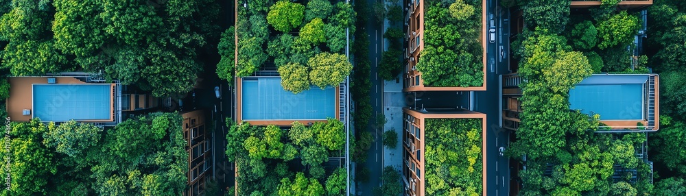 Aerial view of modern architecture integrated with lush green rooftops and swimming pools. Sustainable design concept. Aerial view of modern architecture integrated with lush green rooftops and swimming pools. Sustainable design concept.