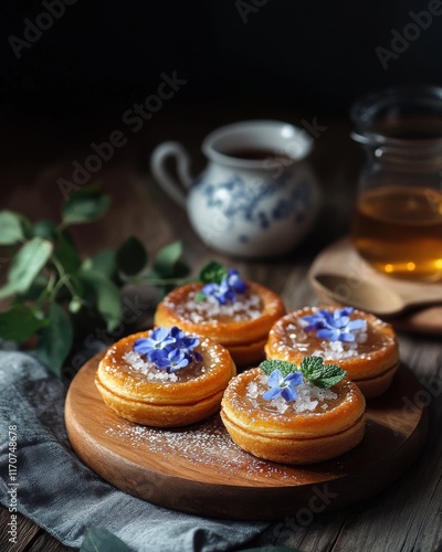 Wallpaper Mural Beautifully styled dessert with purple flowers, showcasing delicate pastries on a wooden platter amidst a cozy setting. Torontodigital.ca