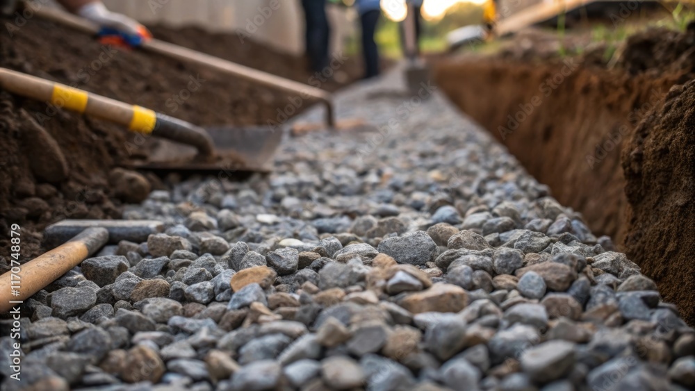 Naklejka premium A detailed shot of rocky gravel spilling over the edges of a trench where workers are carefully adjusting the distribution. Shovels and construction tools lay nearby showcasing the